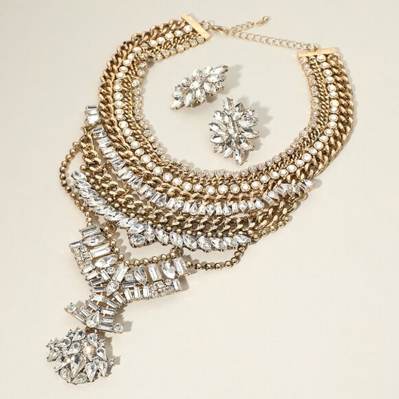 NEW Maximum Bling Platinum or Gold CZ & Rhinestone Bib Necklace & Earrings SET - Picture 3 of 3